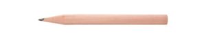 Krátká, dřevěná, kulatá, grafitová tužka HB v přírodní barvě.