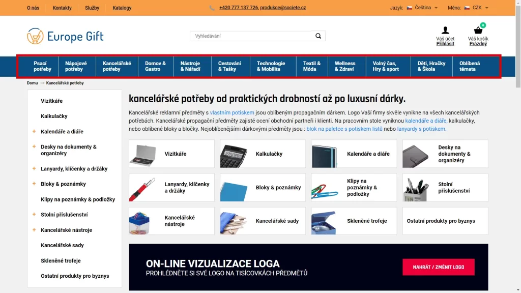 1. Na e-shopu www.europegift.eu si vyberte kategorii, která Vás zajímá (např. „Kancelářské potřeby„).
