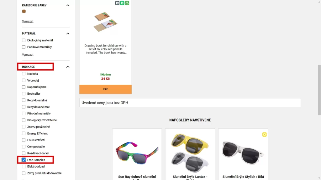 2. V levé části webu v sekci „INDIKACE“ zaškrtněte políčko „Free Samples„.