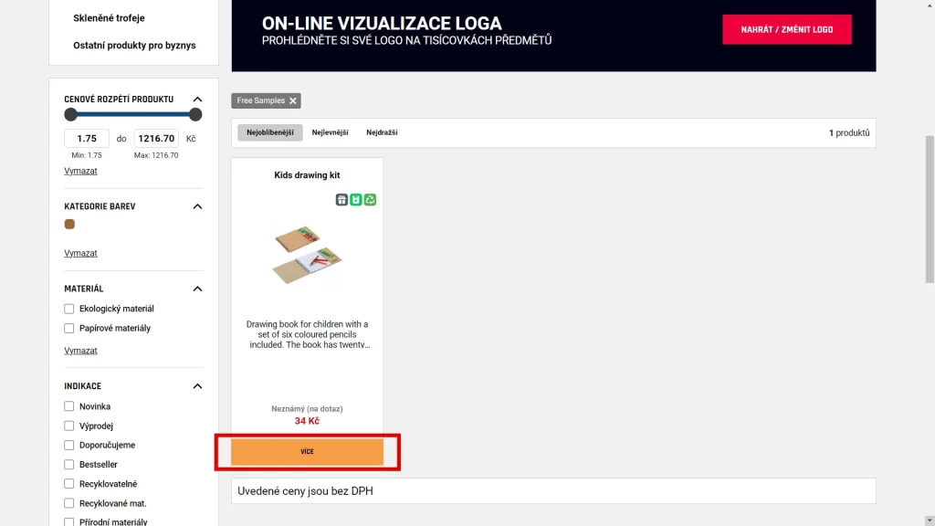 3. Na obrazovce se objeví produkty, které je možné na eshopu EuropeGift.eu objednat ZDARMA včetně dopravy zdarma. Vyberte si produkt a klikněte na „VÍCE“