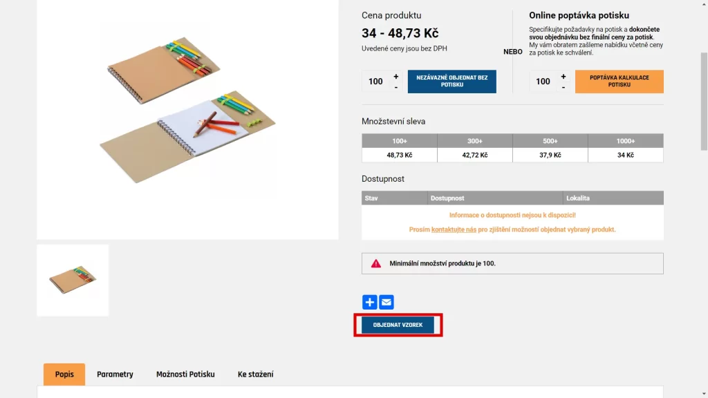 4. Zobrazí se detailní informace o produktu. Ve spodní části detailu produktu klikněte na políčko „OBJEDNAT VZOREK„