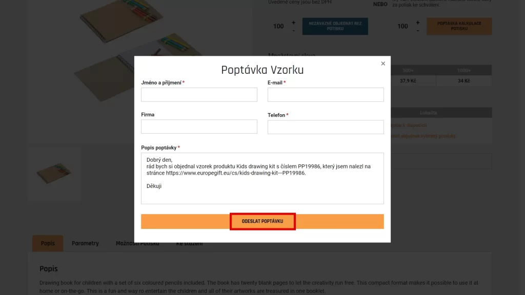 5. Zobrazí se formulář, kde vyplníte údaje, kam chcete vzorky zdarma zaslat a formulář odešlete.
